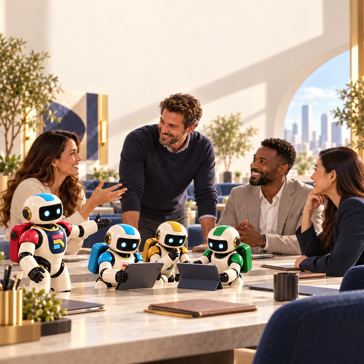 Four people focus on a business conversation while miniature Revy and three smaller Jets assist at the table.
