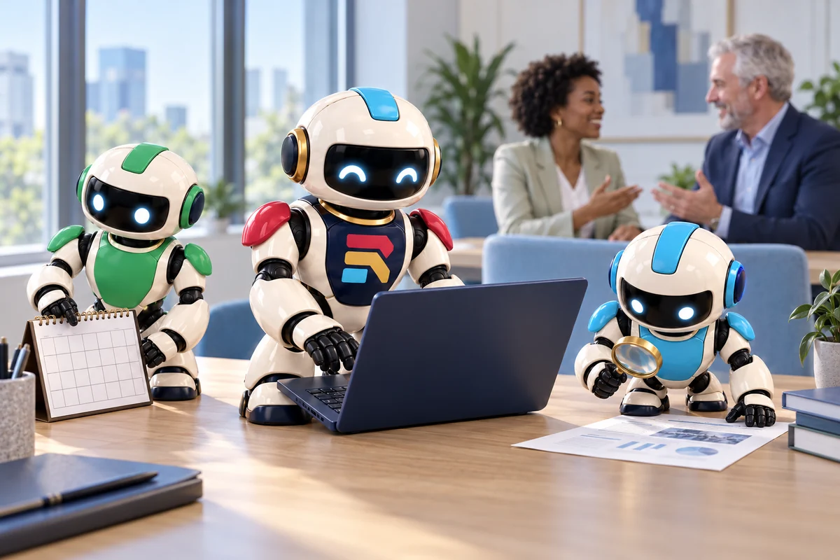 Revy types up meeting preparation while a blue Jet researches with a magnifying glass and a green Jet handles scheduling. A seller and customer connect behind them.