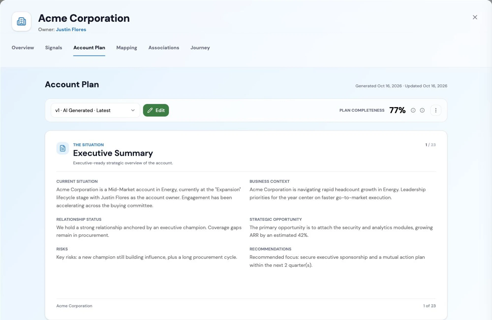 An account plan generated by RevTech, with executive summary, stakeholders and recommended next steps.