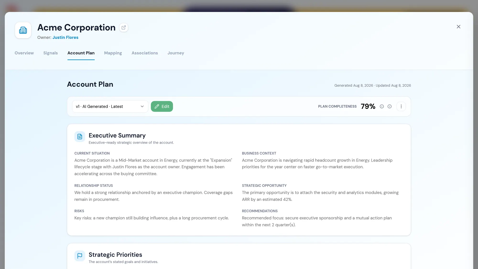 An account plan generated by RevTech, with executive summary, stakeholders and recommended next steps.