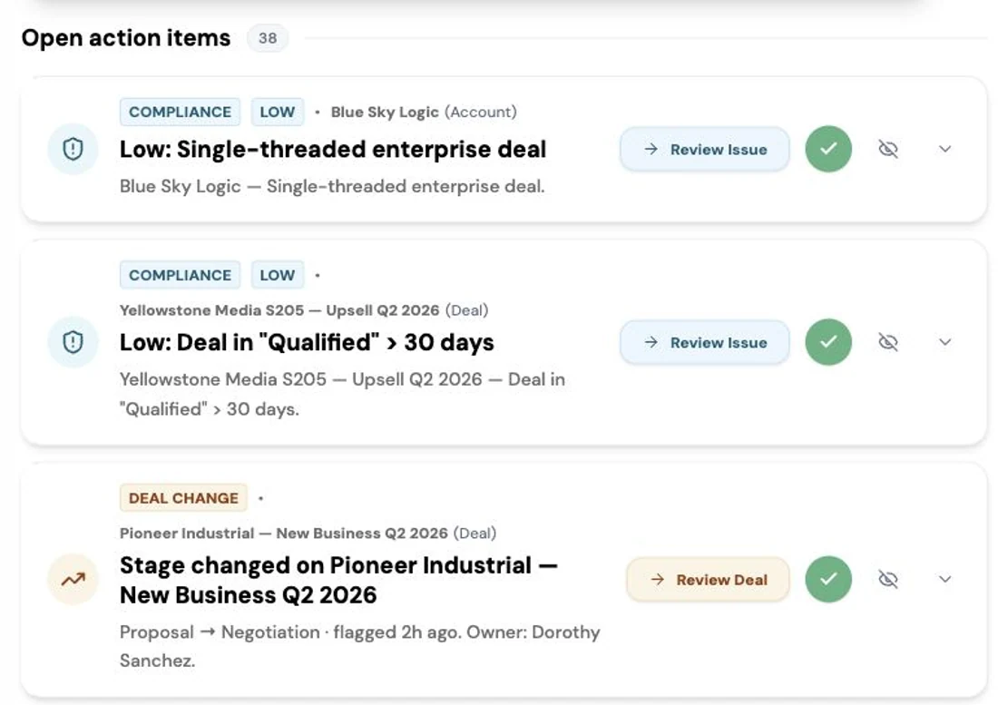Open CRM data exceptions in RevTech, each tied to the account or deal it affects.