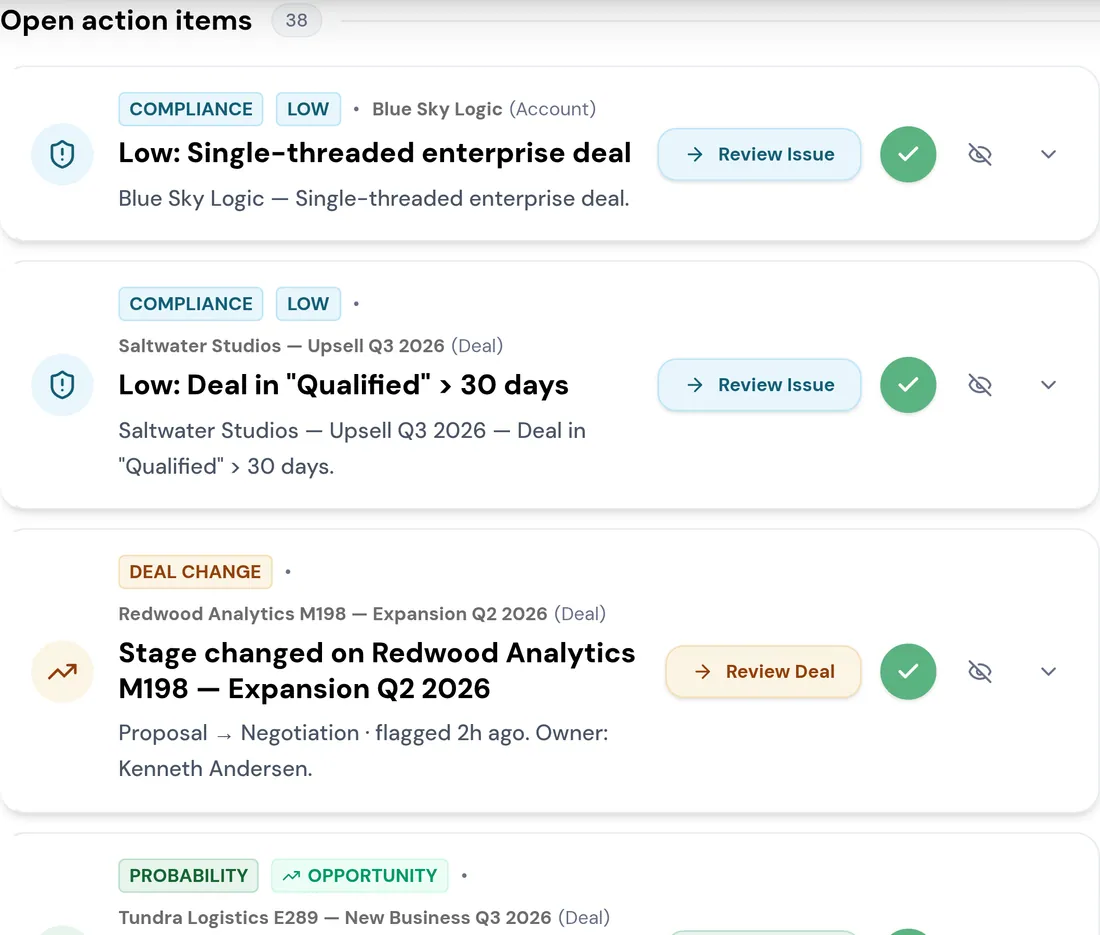 Open CRM data exceptions in RevTech, each tied to the account or deal it affects.