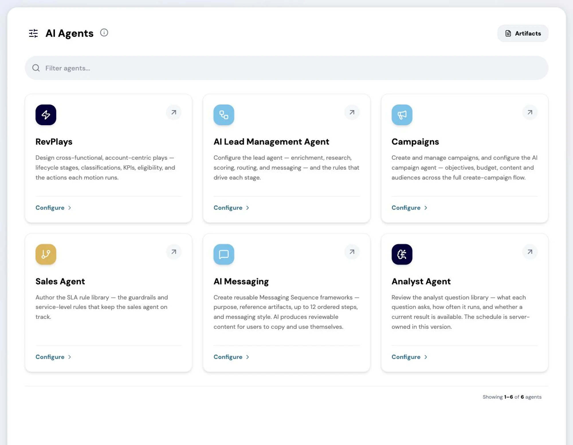 The RevTech AI Agents hub, where each agent is configured and governed.