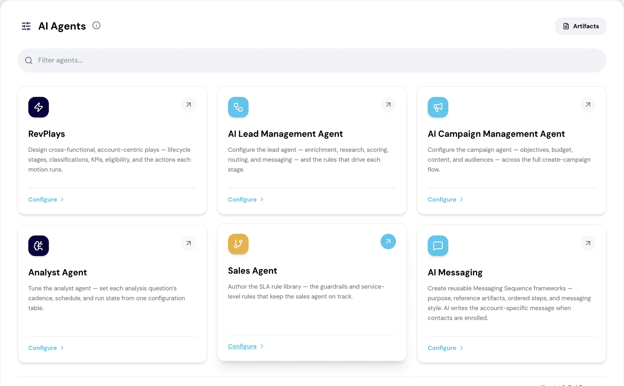 The RevTech AI Agents hub, where each agent is configured and governed.