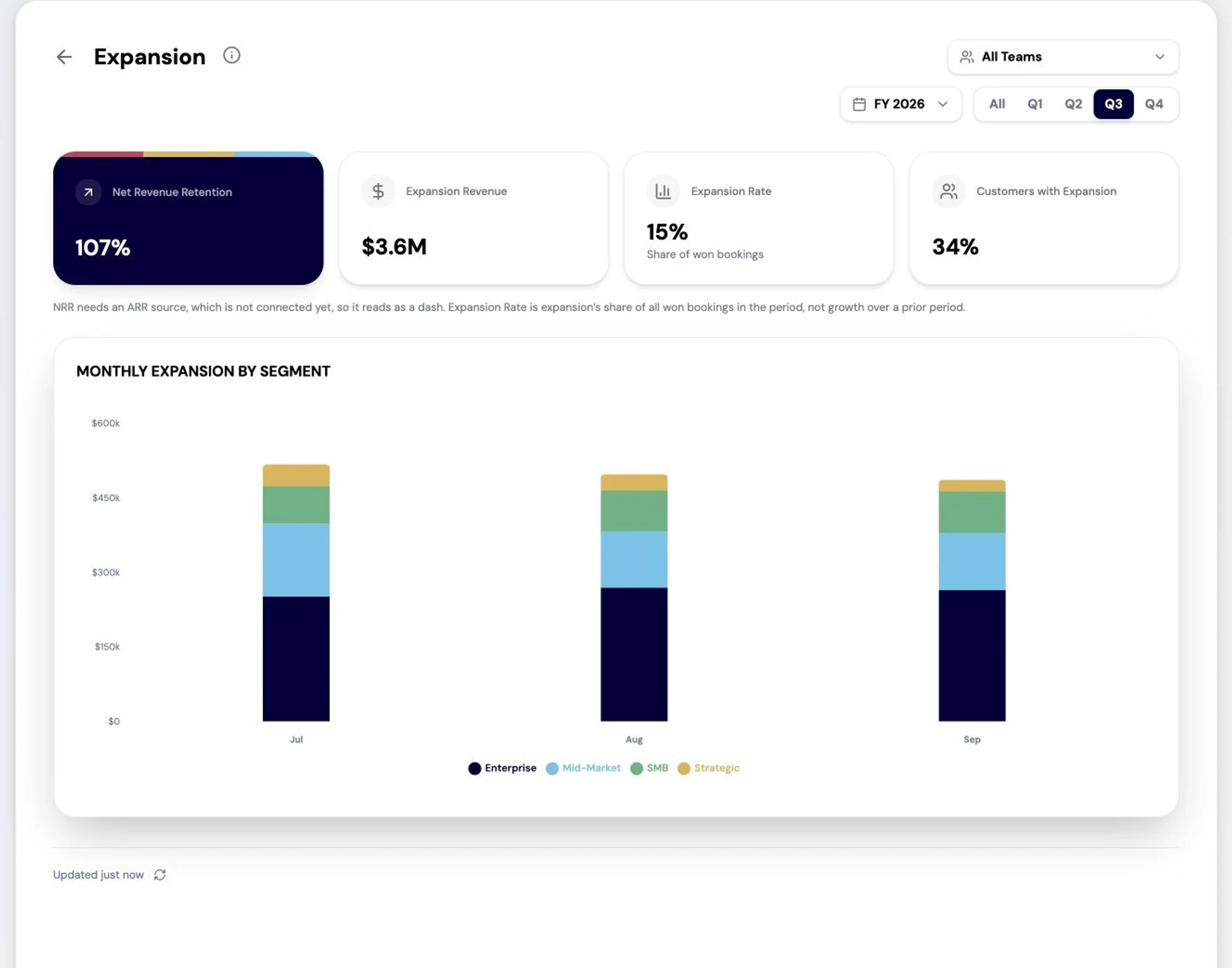 Expansion reporting in RevTech: net revenue retention and expansion by segment.