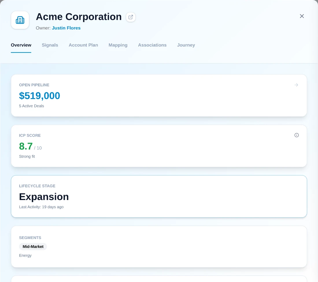 An account record in RevTech, bringing deals, contacts, campaigns and plays on the account into one view.