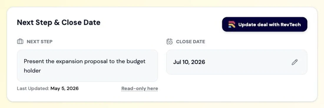 A deal record in RevTech, with stage, value, close date and the activity and buying-group context behind it.